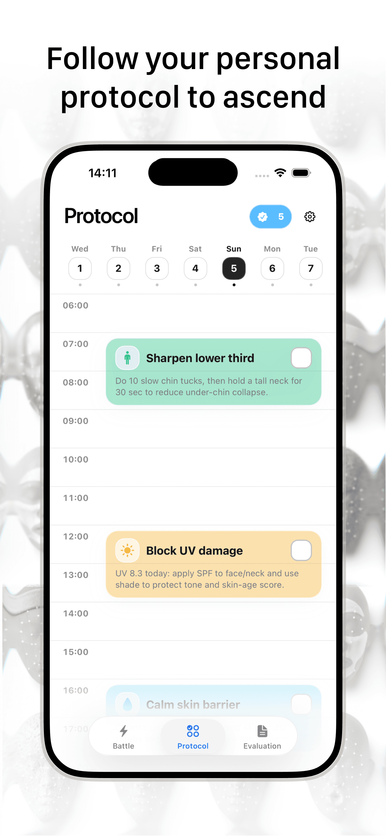 Mogging personalized protocol timeline with daily improvement tasks