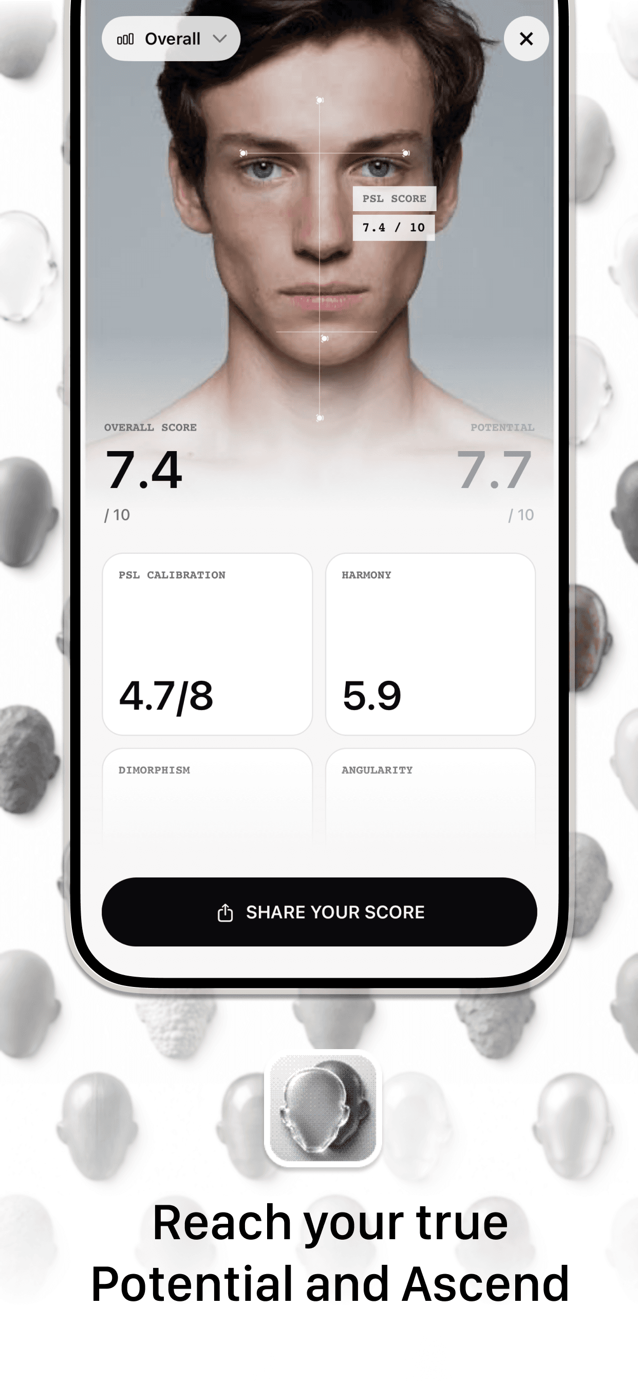 Mogging facial report showing overall and potential scores